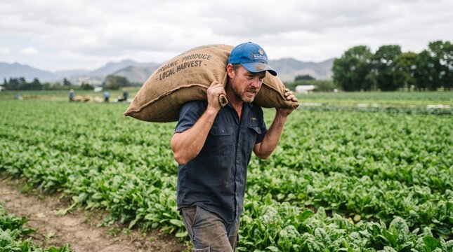 Commercial eye-level agricultural photography of a hard-working male farmer carrying a heavy jute sack filled with fresh harvest on his shoulders across a green cultivated field &ndash; premium organic agri