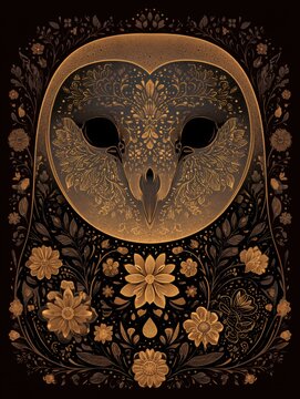 Dark illustration shows a barn owl skull combined with floral elements inspired by Day of the Dead, featuring dark colors and patterns.