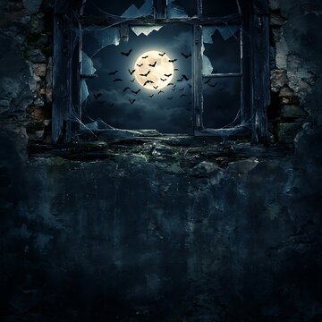 Abandoned house with broken window and flying bats outside at night  spooky scene