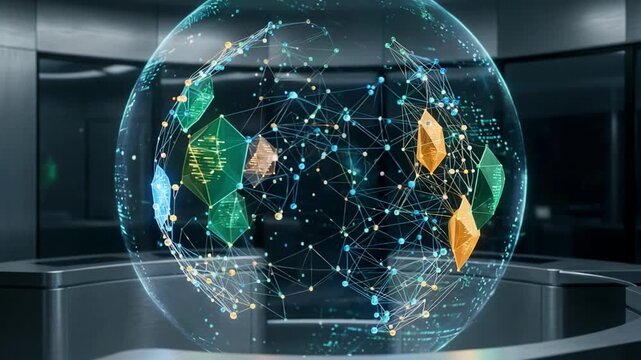 Medium shot of a 3D interactive digital twin of a fund portfolio with main assets sharply focused showcasing baseline market conditions and steady risk factors.