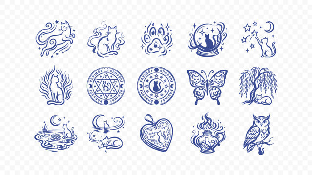 mystical celestial moon stars crystal butterfly hands energy magic doodle handmade ink scribble flat line art vector illustration icon bundle set calligraphy drawing design