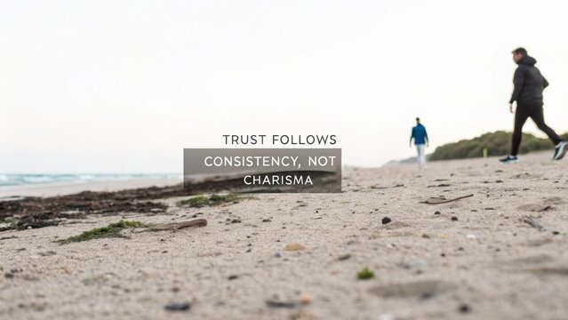 Inspirational quote on a beach with people walking, emphasizing the importance of consistency over charisma for building trust