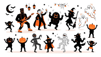 Obraz premium Halloween Monster Party Silhouette Dancing Ghost Vampire Vector Character Collection