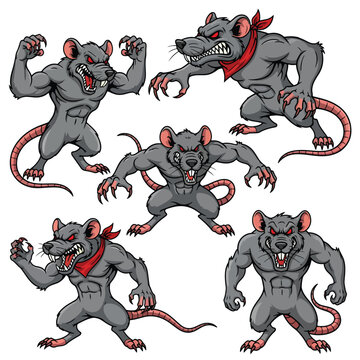 Set of aggressive muscular rat characters in various poses.