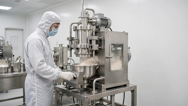 Cleanroom suit operator at a high‑shear granulator blending powder for uniform granulation, eye‑level view with even LED lighting, pharmaceutical manufacturing, sterile environment, commercial stock