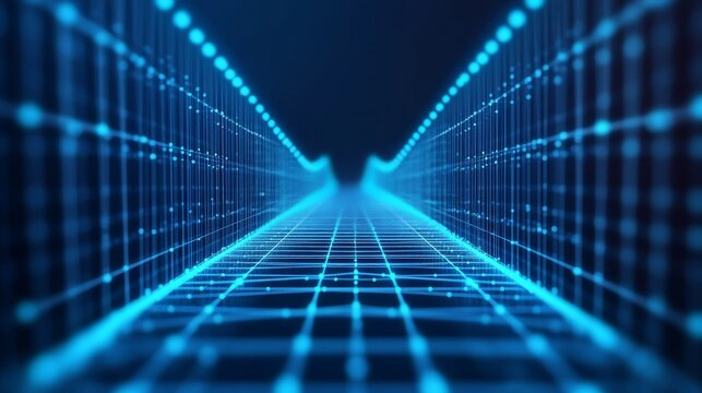 Glowing digital tunnel with a perspective grid and dots, depicting a futuristic cyber network visualization, deep blue light, 3D render, Data Stream, Technology