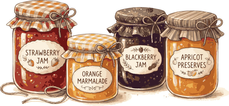 Assorted fruit jams and marmalade jars illustration with marmalade, preserves