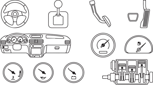 Car Dashboard & Engine Icon Set Vector &ndash; Automotive Parts Line Illustration