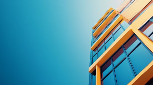 Low-angle shot of a modern yellow and glass building facade against a clear blue sky, emphasizing geometric minimalism and architectural contrast, Architecture, Minimalism