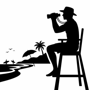 Man sitting on chair looking through binoculars.