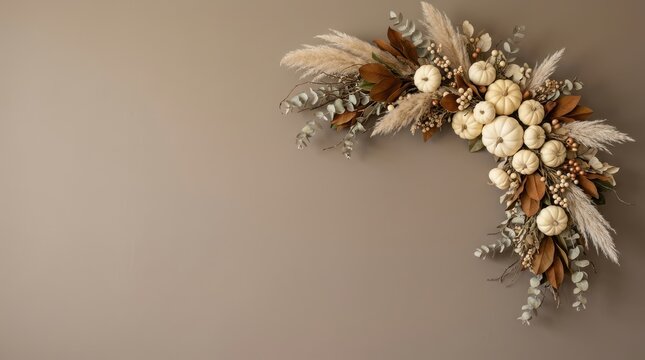 Elegant thanksgiving background with white pumpkins pampas grass and autumn foliage arrangement