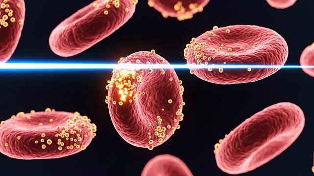 4K Visualization of Red Blood Cells Transporting Tiny Gold Particles in Advanced Biotechnology Scenario
