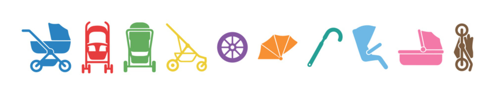 Colorful baby strollers, prams, car seats, and bassinets are displayed as a diverse set of vector icons representing various child transportation and care equipment.