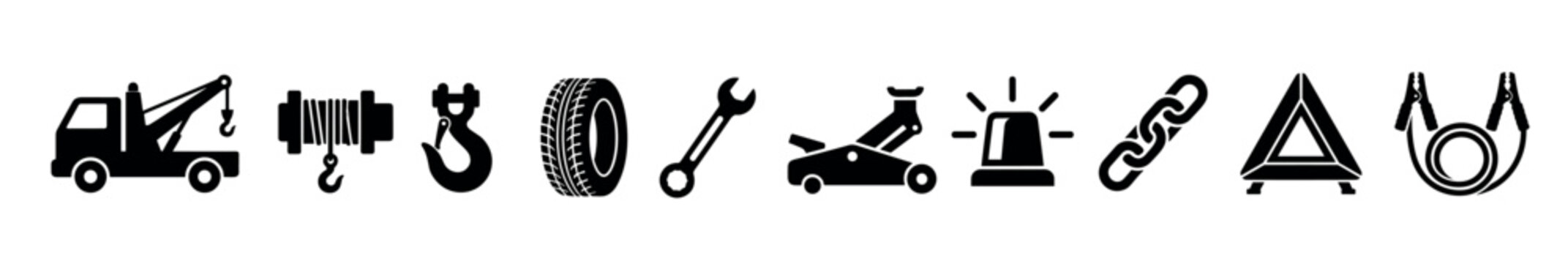 Vehicle assistance tools and emergency equipment icons representing roadside repair, towing, and breakdown services in a modern flat design.