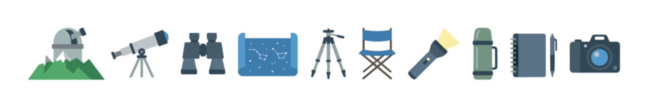 Various astronomy observation equipment, stargazing tools, and exploration gear for captivating night sky adventures and celestial discovery.