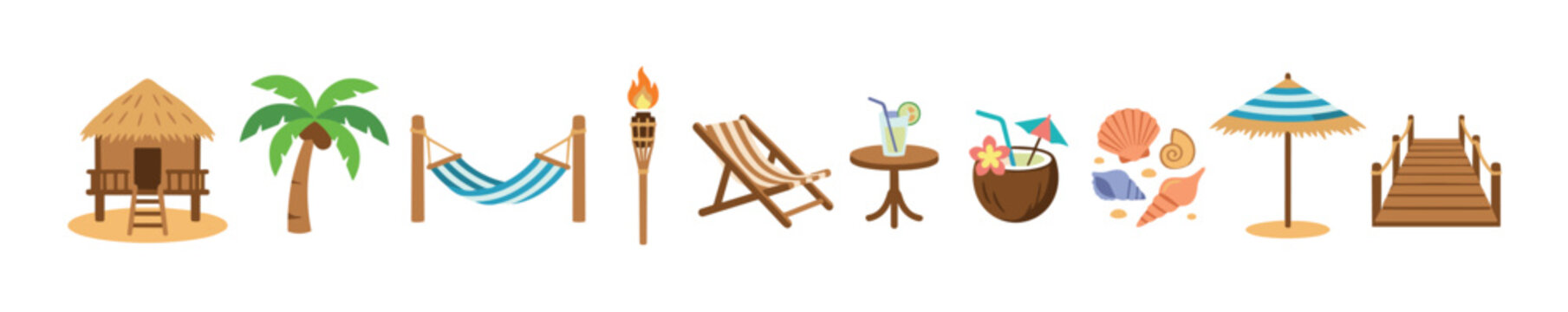 Colorful collection of tropical beach vacation elements featuring summer objects like a hut, palm tree, hammock, and refreshing drinks.