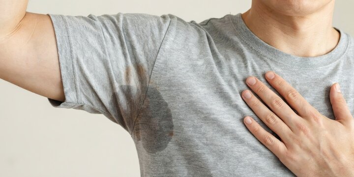 Man in grey t-shirt with visible sweat stains under arms, concept of hot weather and perspiration.
