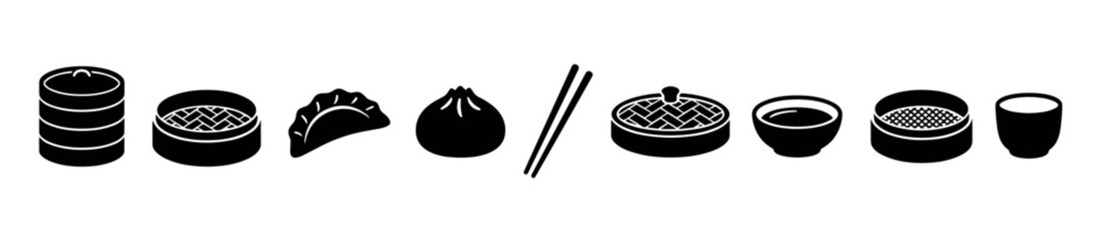 Various dim sum dumplings, steamers, and chopsticks are presented as a minimalist black silhouette icon set representing Asian cuisine and dining culture.