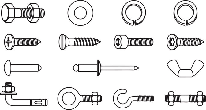 Black and white hardware icons set with screws nuts bolts washers tools