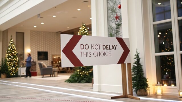 Eye-catching sign promoting timely decision-making in a festive retail environment with holiday decorations