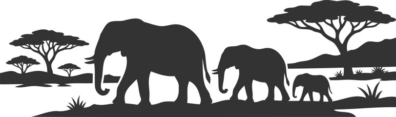 Family of elephants walking in the African savanna in a silhouette vector art © PIXAVIVE