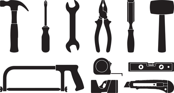Black tool icons set including hammer wrench screwdriver pliers saw tape measure
