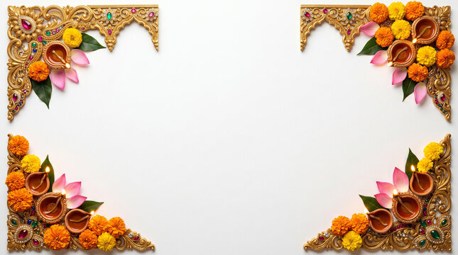 Diwali and Ganesh Chaturthi greeting card gold ornate corner border with lit diyas lotus and marigold garland, blank text area on white background