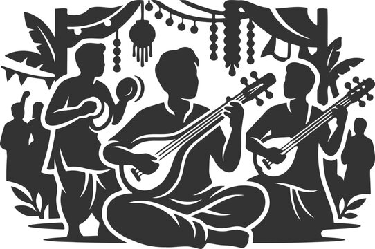 Indian musicians playing traditional string instruments in a cultural gathering