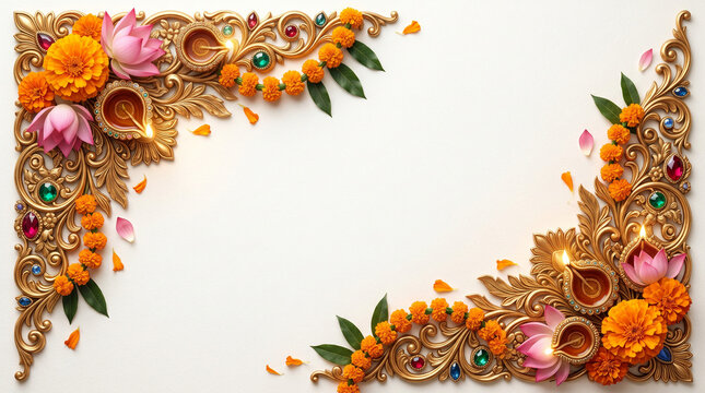 Diwali festival of lights luxury gold floral corner frame with diyas marigold and lotus, empty copy space white background for wedding invitation