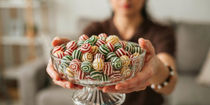 Person offering glass bowl filled with colorful striped hard candies.