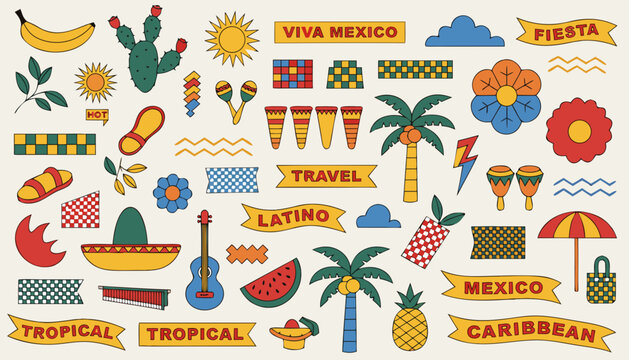 Travel themed icons set with cactus pineapple palm tree tropical flower and beach items.