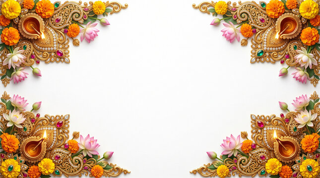 Diwali and Indian wedding gold floral corner frame with diyas marigold and lotus flowers, empty center text area on white background invitation card