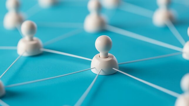 Macro shot of white wooden peg dolls interconnected by thin white lines on a bright cyan background, symbolizing networking and human connections, networking, collaboration