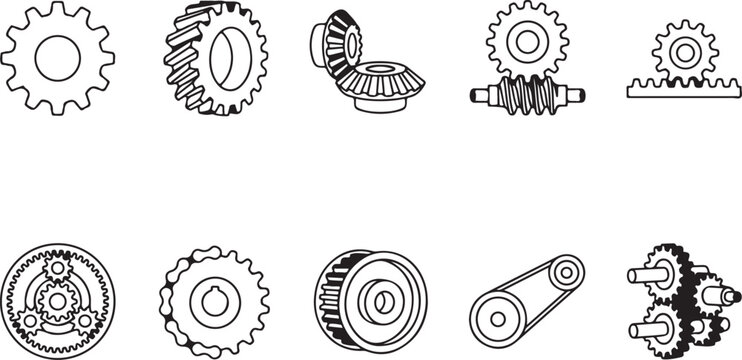 Black and white gear and sprocket icons set for engineering and technology