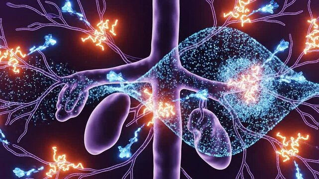 Abstract Visualization of Neural Connections and Cellular Interactions in Blue and Orange Colors for Health and Neuroscience Concept