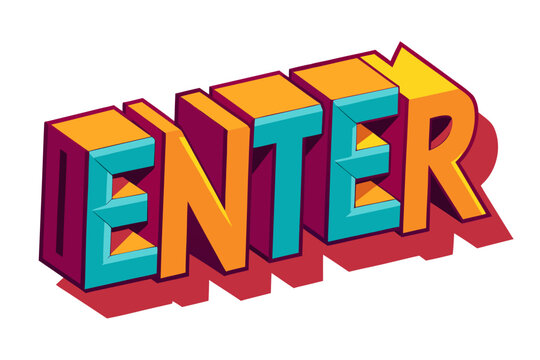 Colorful 3D enter sign vector graphic illustration with bold block letters in orange, teal, and yellow hues on a white background with red shadows