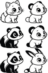 Obraz premium Black and white cartoon animal illustrations of a fox pandas and a rabbit