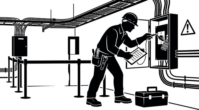 Electrician working on an electrical panel in an industrial setting