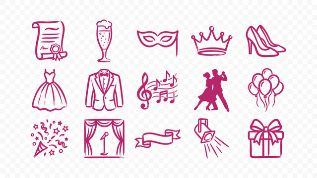 wedding fashion dress suit ring champagne flowers bridal celebration doodle handmade ink scribble flat line art vector illustration icon bundle set calligraphy drawing design