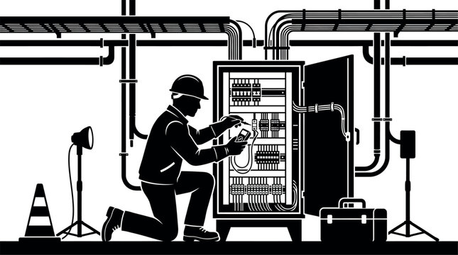 Electrician kneeling working on an electrical cabinet in industrial