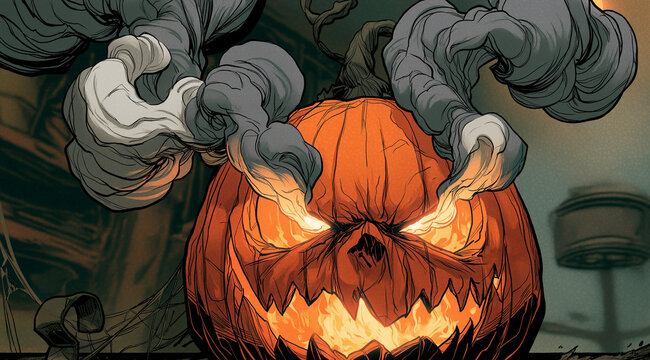 Halloween pumpkin jack-o-lantern with glowing eyes and sinister grin. Spooky carved autumn squash decoration for festive fall celebrations and horr...