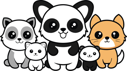 Cartoon animals group of panda raccoon cat and kitten friends © RaselCreativeWorks