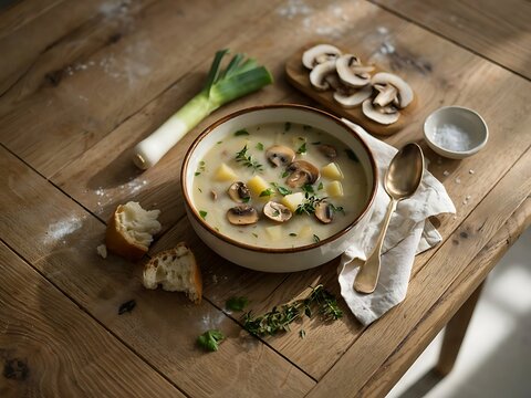 Creamy mushroom soup with potatoes and herbs in white bowl on wooden table with bread