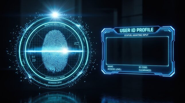 Futuristic Biometric Scan: A high-tech interface displays a glowing blue fingerprint scan within a circular digital frame, alongside a user ID profile window.
