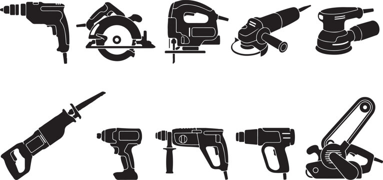 Black silhouette icons of power tools for construction and woodworking
