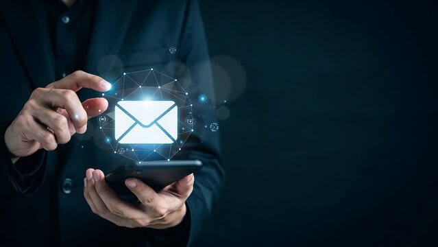 Man holding smartphone with glowing envelope icon symbolizing electronic mail communication and digital messaging service connecting people worldwide in business technology concept.