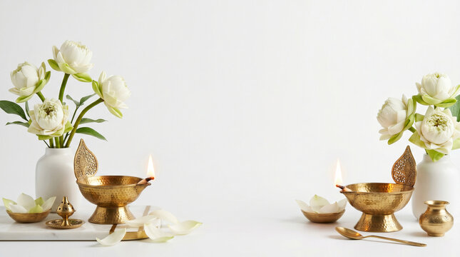 Diwali luxury puja background with white lotus flowers hammered brass diya lamps and incense, empty center copy space on white background