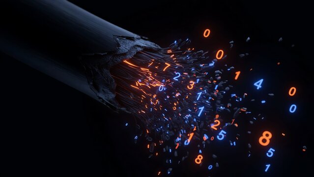 Abstract concept of digital data stream escaping from damaged cable with flying numbers and particles representing data loss or information leak in dark technology environment.