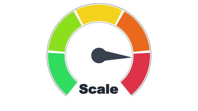 Color scale gauge icon loop, performance evaluation speedometer with text template, interactive risk assessment indicator asset on white background 4k.