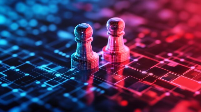 Two textured chess pawns stand on a glowing digital circuit board with a dual-tone blue and red bokeh lighting composition, representing strategic AI competition,Technology,Strategy